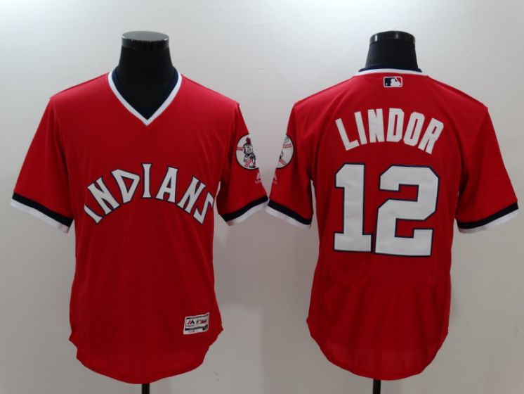 Men Cleveland Indians 12 Francisco Lindor Red Throwback MLB Jerseys